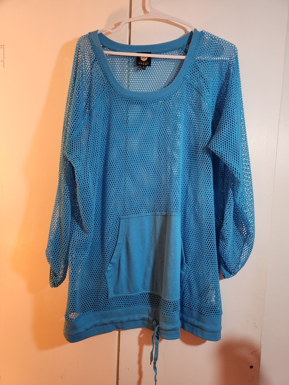 Jones New York Blue Mesh Long-Sleeve Pullover with Kangaroo Pocket
